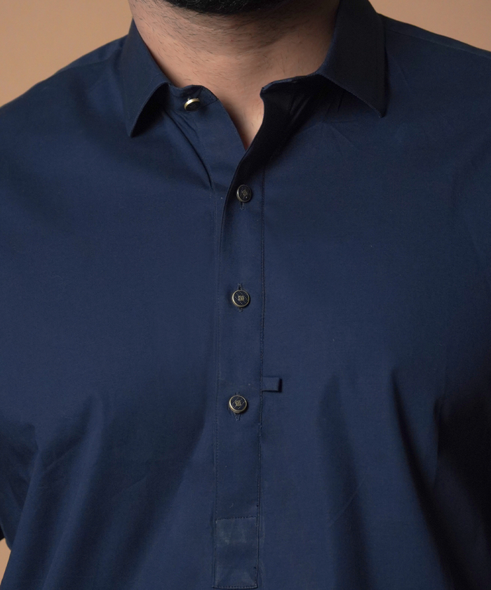Navy Blue Shalwar Kameez with Peak Shirt Collar - Traditional Men's Outfit