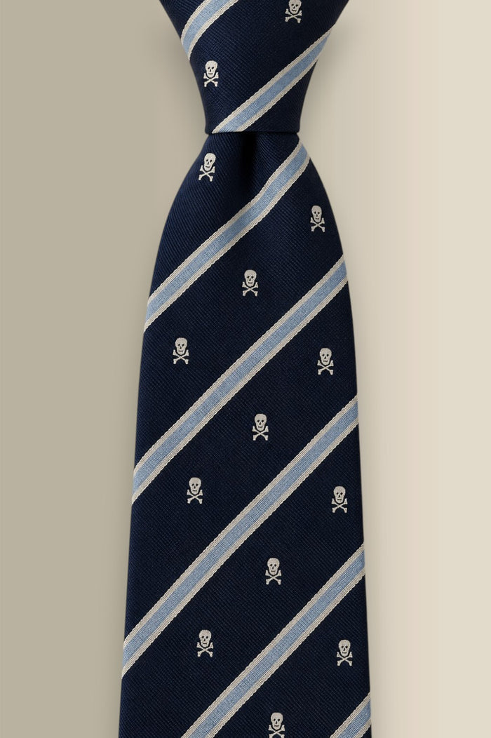 Navy & Blue Stripe Heritage Skull & Crossbones Woven Silk Tie
