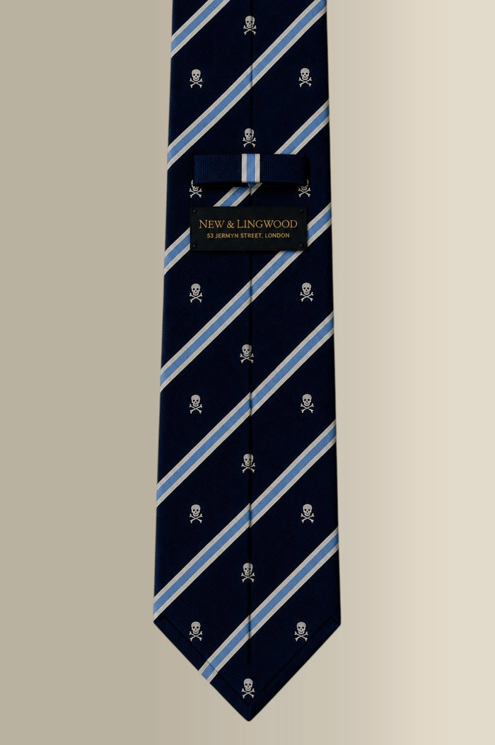 Navy & Blue Stripe Heritage Skull & Crossbones Woven Silk Tie