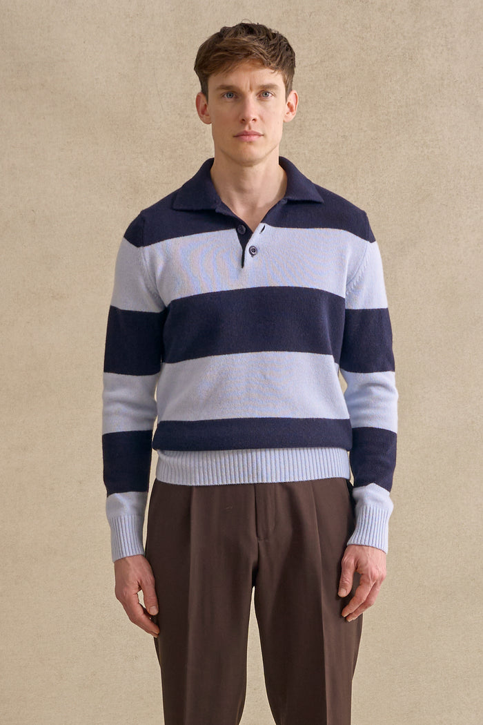 Navy & Blue Stripe Lambswool Knitted Polo