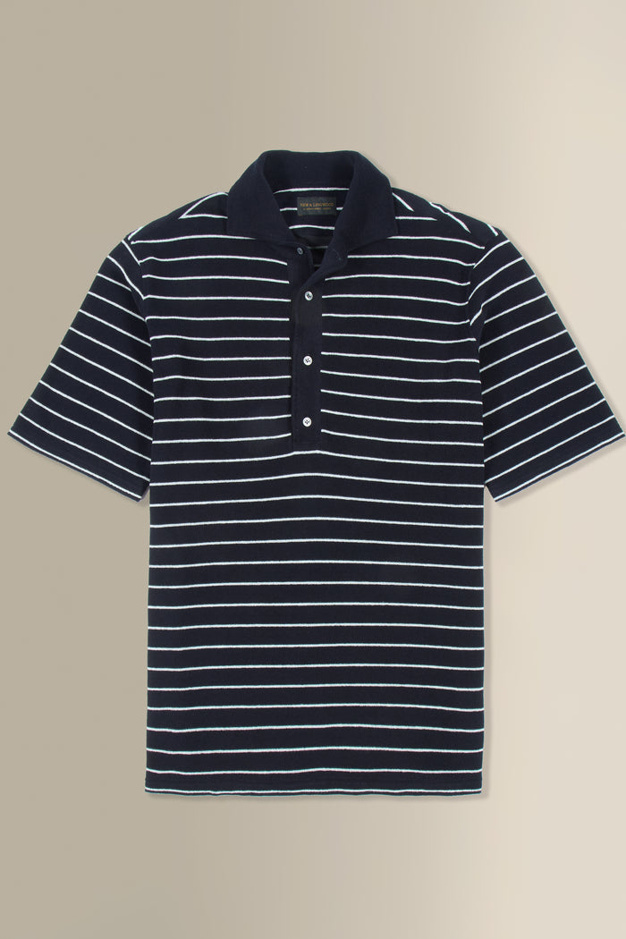Navy & Cream Stripe Short Sleeve Towelling Polo Shirt