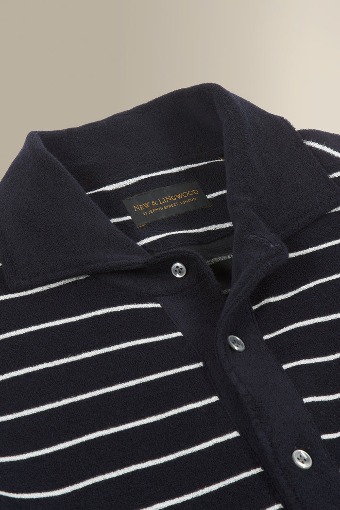 Navy & Cream Stripe Short Sleeve Towelling Polo Shirt