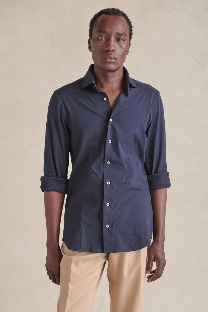 Navy Cutaway Collar Tailored Fit Stretch Shirt