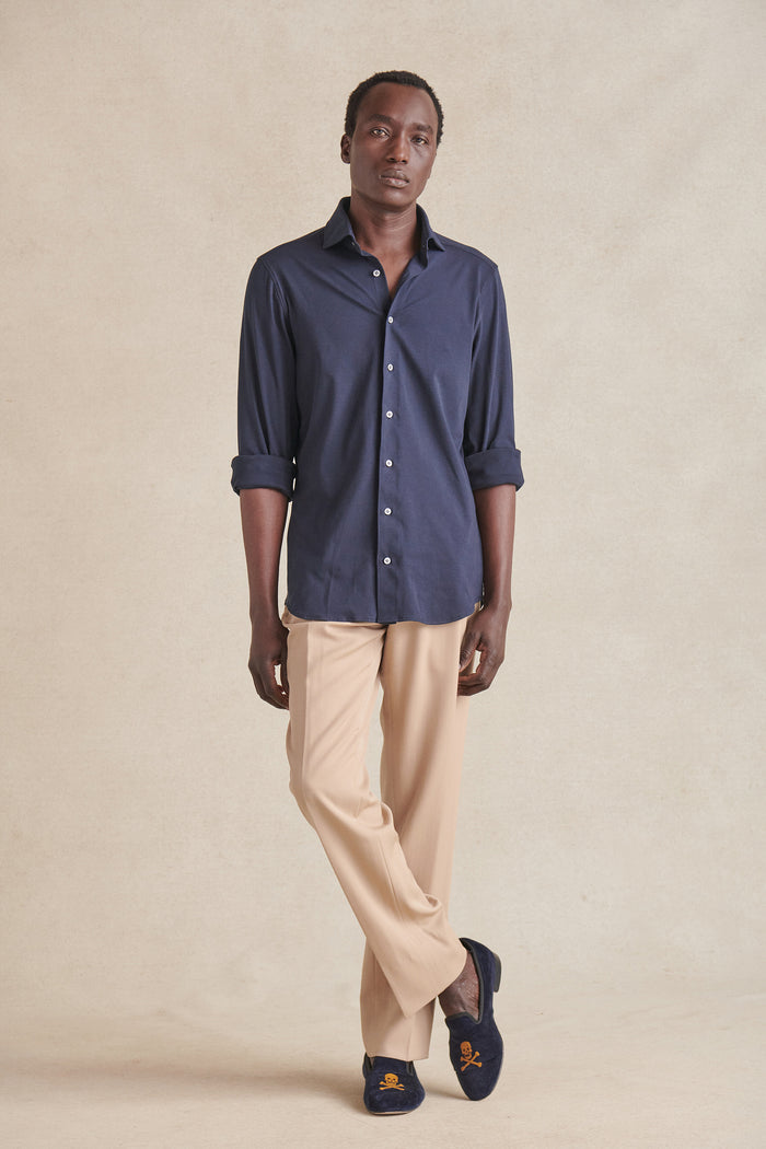 Navy Cutaway Collar Tailored Fit Stretch Shirt