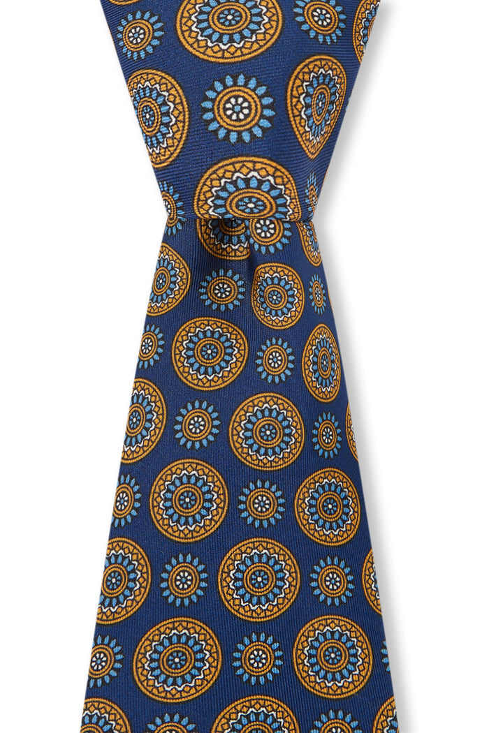 Navy Floral Medallion Print Silk Tie