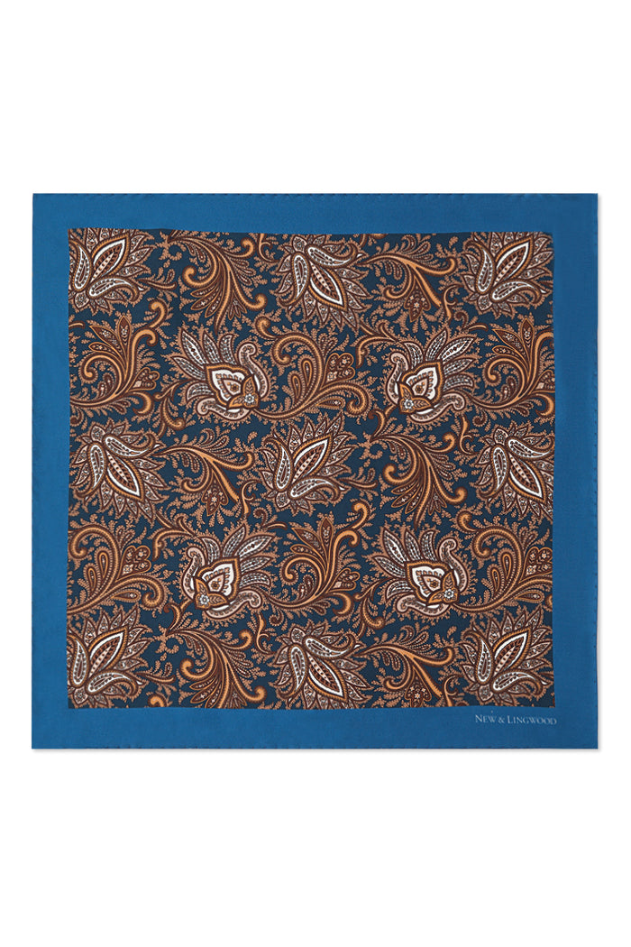 Navy Floral Paisley Silk Pocket Square
