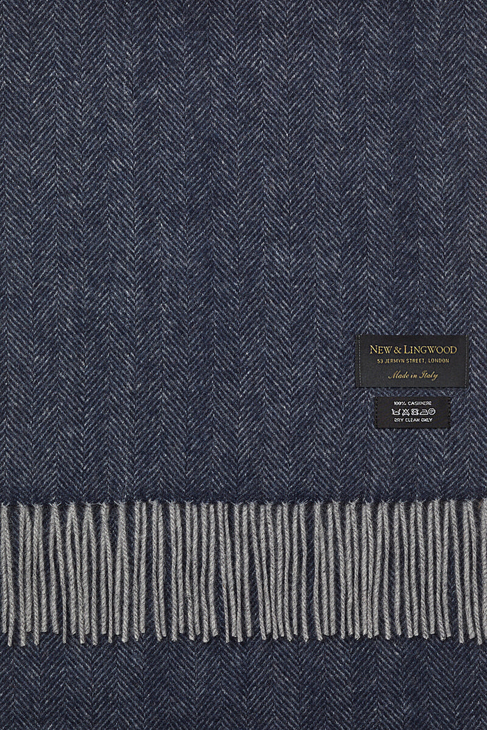 Navy Herringbone Cashmere Scarf