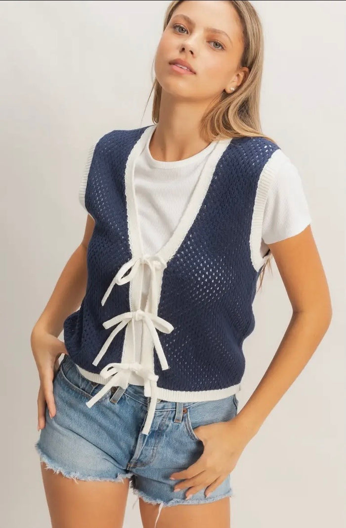 Navy Knit Tie Front Vest
