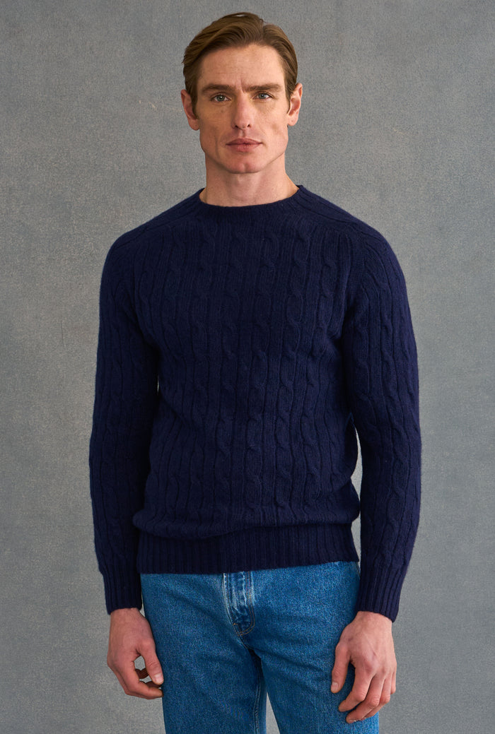 Navy Lambswool Cable Knit Crew Neck Jumper