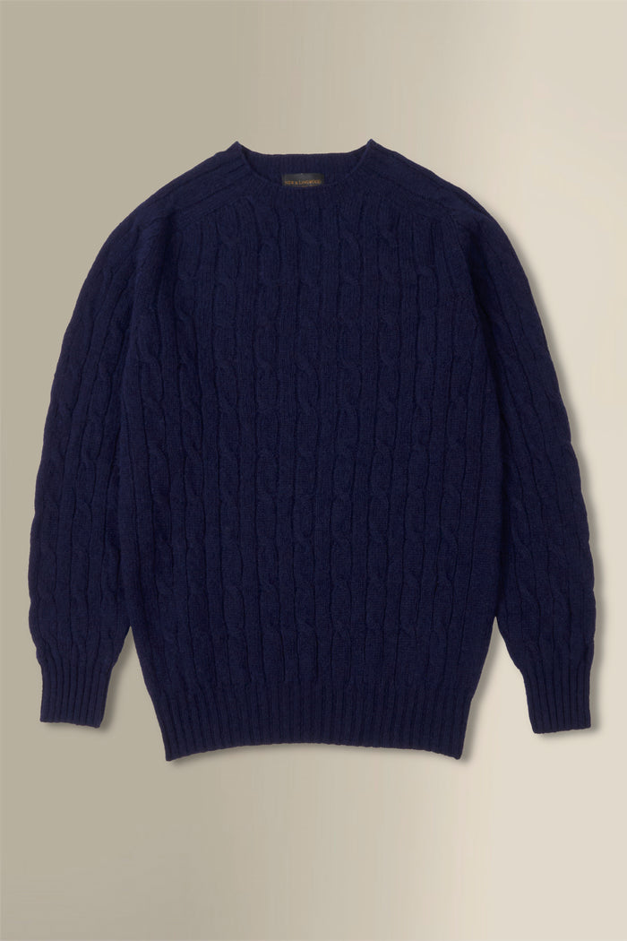 Navy Lambswool Cable Knit Crew Neck Jumper