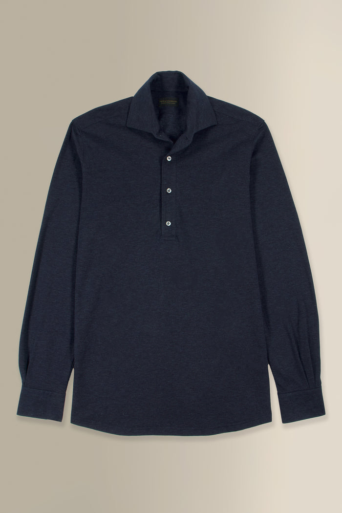 Navy Long Sleeve Pique Cotton Popover Shirt