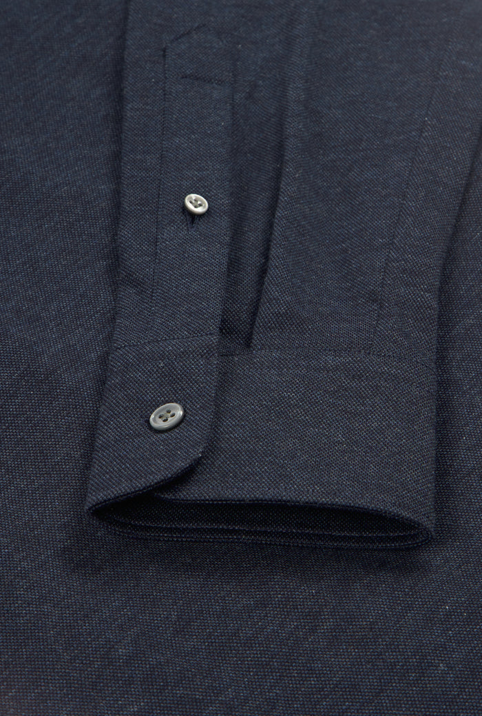 Navy Long Sleeve Pique Cotton Popover Shirt