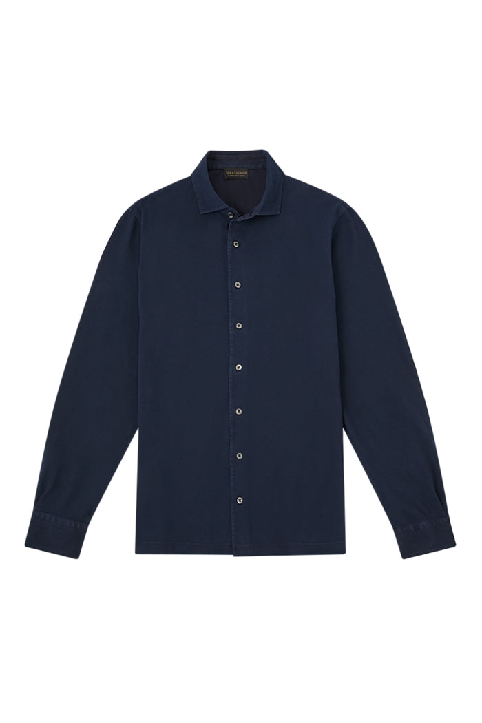 Navy Long Sleeve Piqué Cotton Shirt