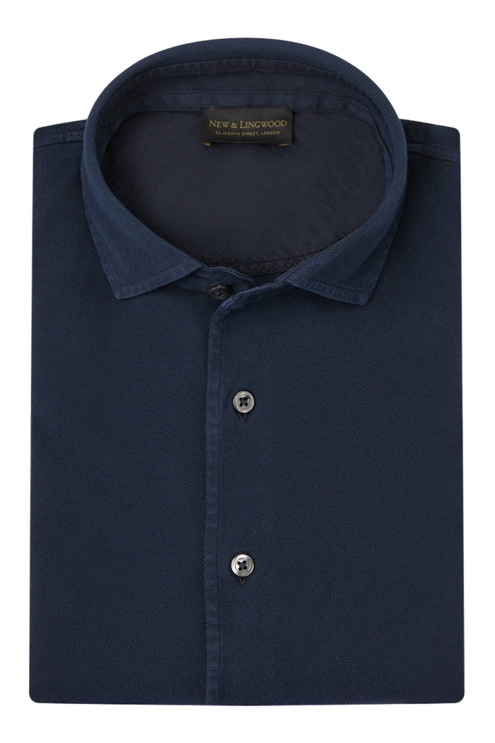 Navy Long Sleeve Piqué Cotton Shirt