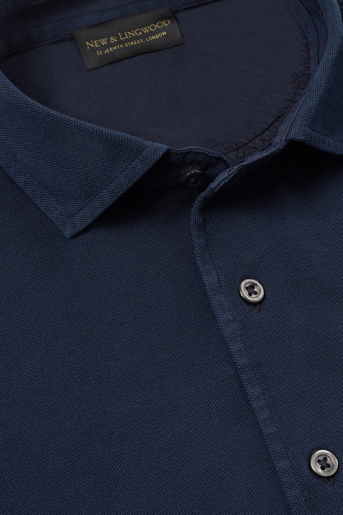 Navy Long Sleeve Piqué Cotton Shirt