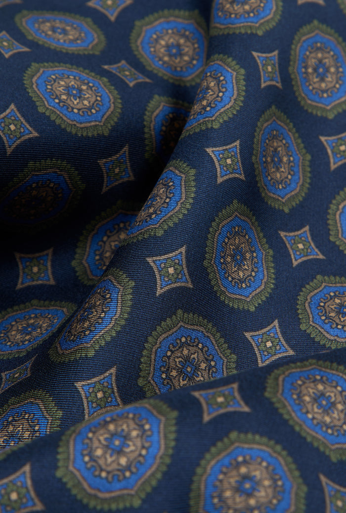 Navy Medallion Printed Silk Scarf