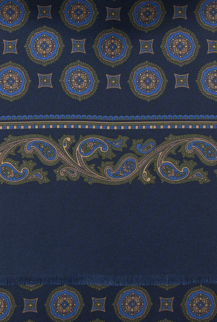 Navy Medallion Printed Silk Scarf