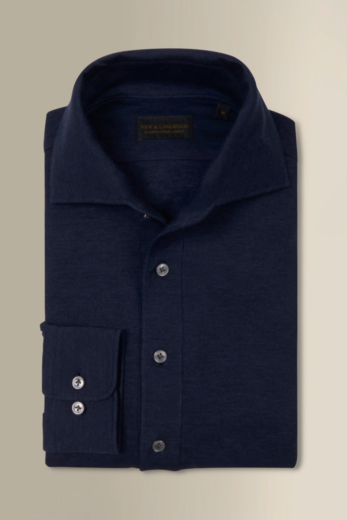 Navy One Piece Collar Cotton & Cashmere Popover Shirt