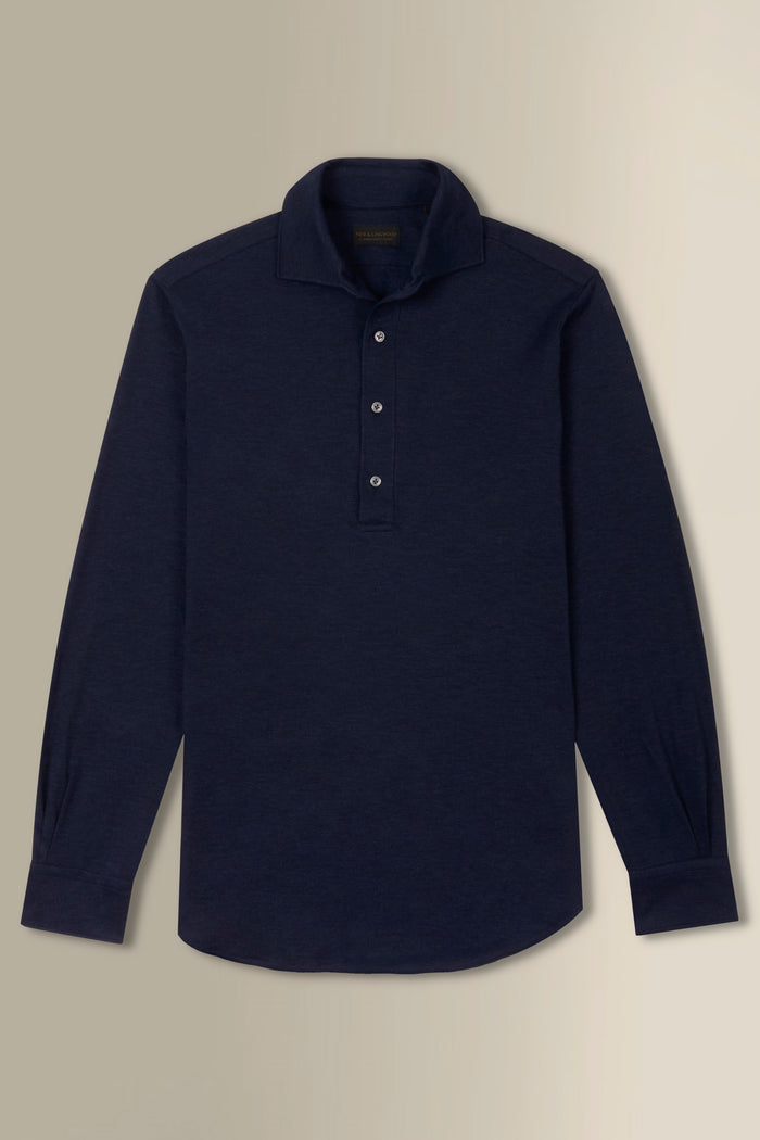 Navy One Piece Collar Cotton & Cashmere Popover Shirt