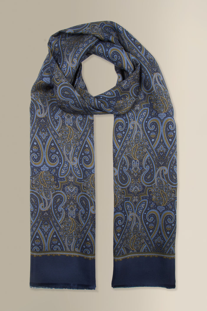 Navy Paisley Printed Silk Scarf