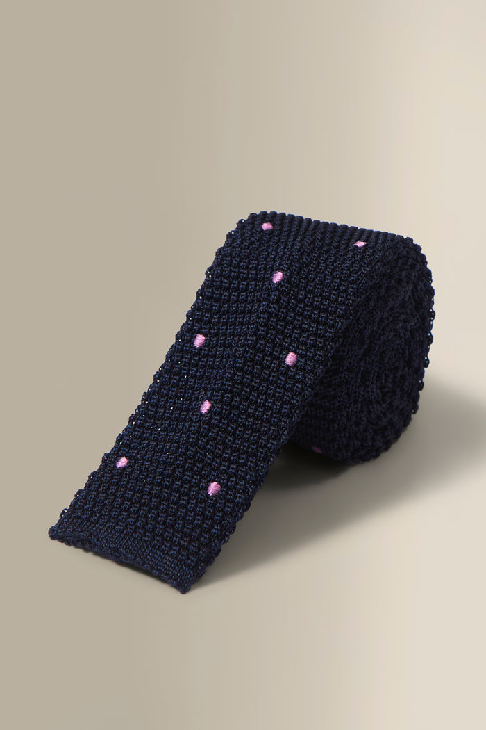 Navy & Pink Spot Knitted Silk Tie