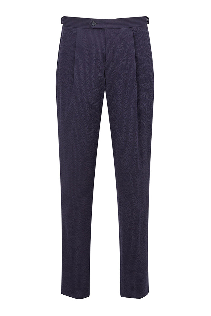 Navy Seersucker Single Pleat Trousers