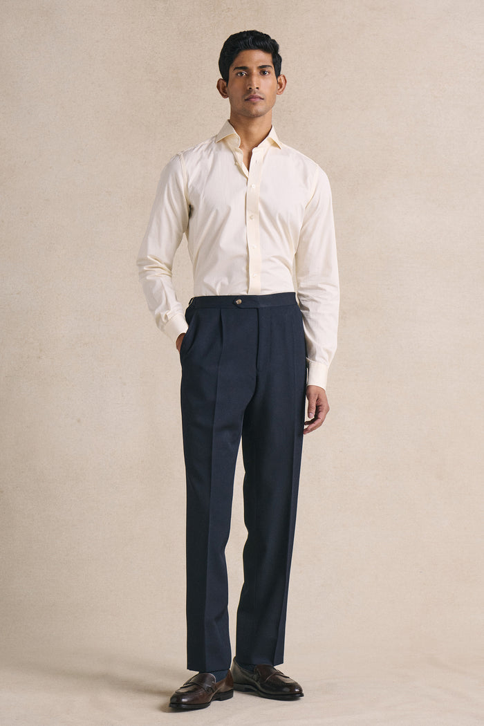 Navy Single Pleat Gabardine Trousers