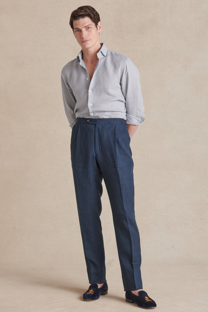 Navy Single Pleat Linen Trousers