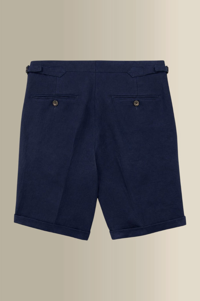 Navy Single Pleat Twill Linen Shorts
