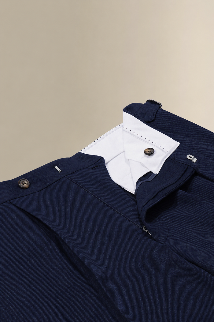 Navy Single Pleat Twill Linen Shorts