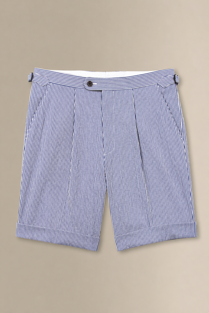 Navy & White Stripe Single Pleat Seersucker Shorts