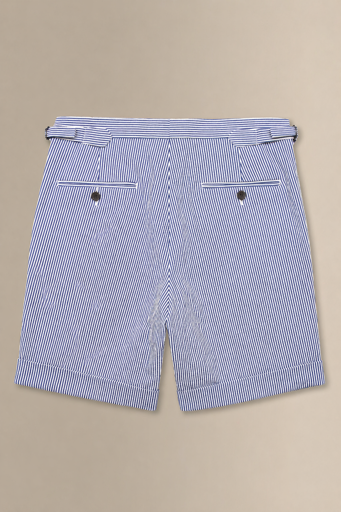 Navy & White Stripe Single Pleat Seersucker Shorts