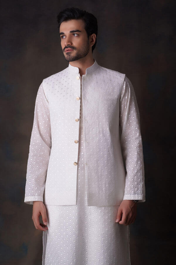Off-white Diamond Embroidered Cotton Sheer Kurta and Waistcoat Set.