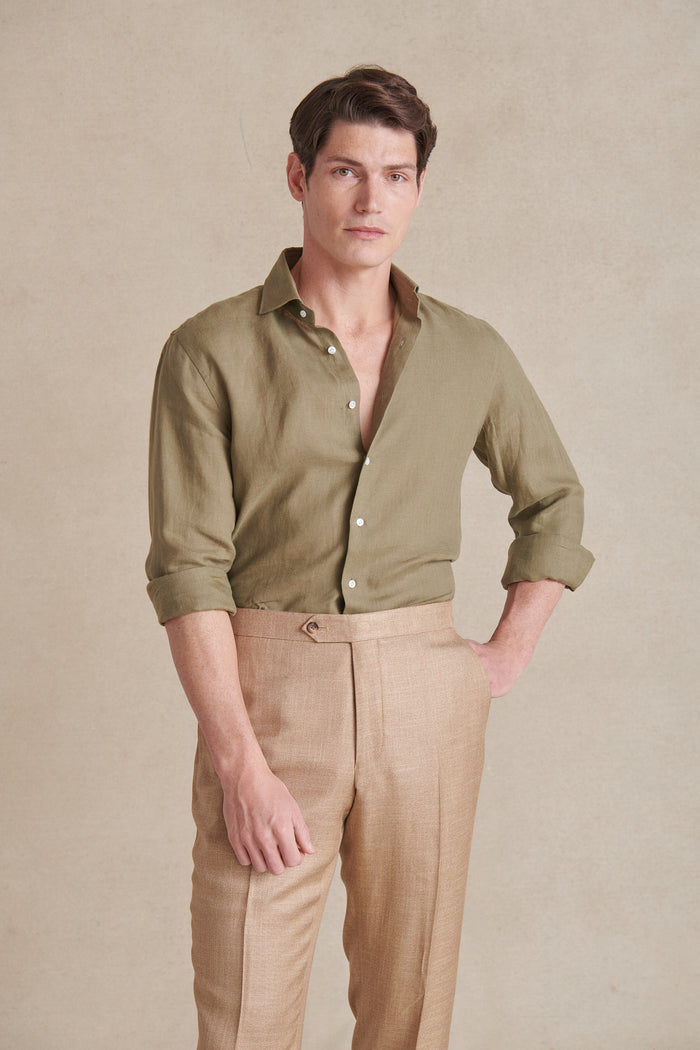 Olive Cutaway Collar Standard Fit Linen Shirt
