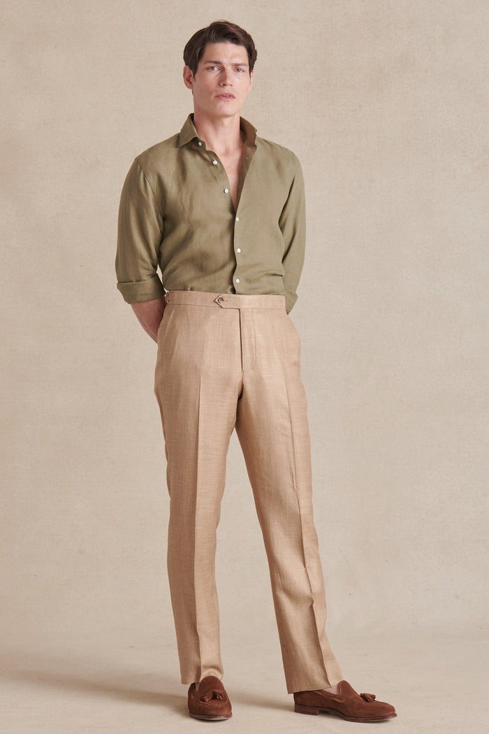 Olive Cutaway Collar Standard Fit Linen Shirt