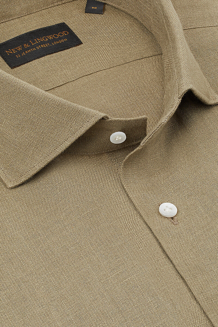 Olive Cutaway Collar Standard Fit Linen Shirt