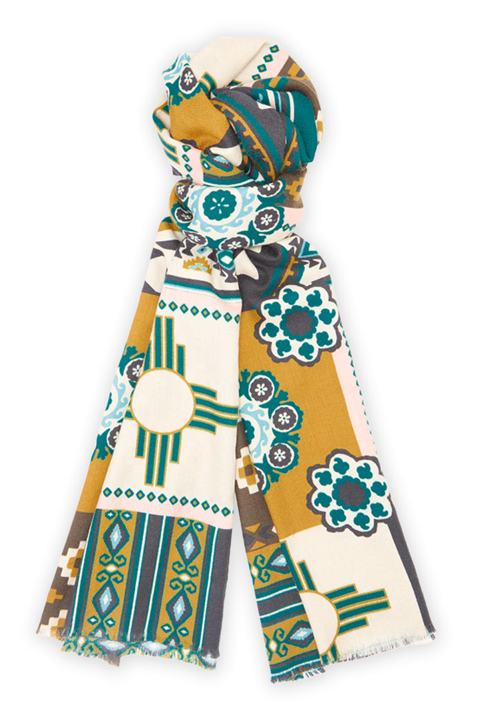 Olive & Teal Mosaic Wool & Silk Scarf