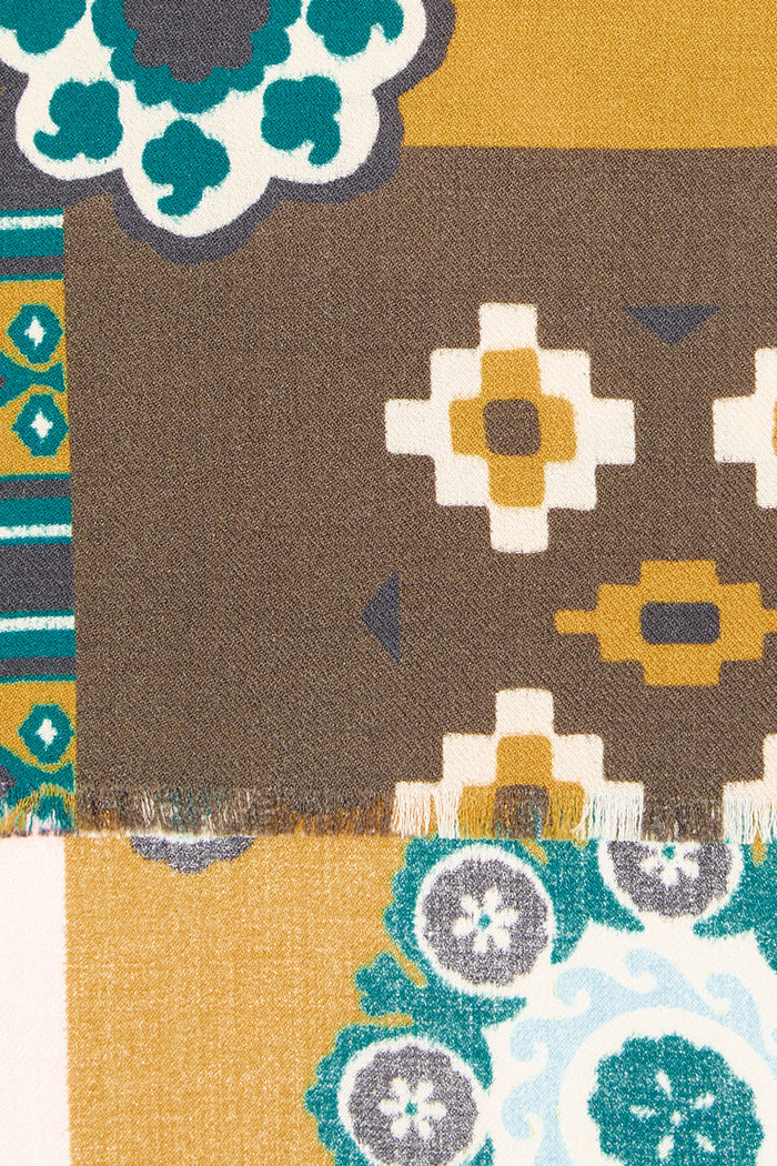Olive & Teal Mosaic Wool & Silk Scarf
