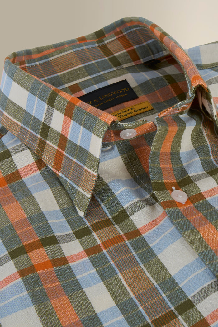 Orange & Green Check Madras Short Sleeve Shirt