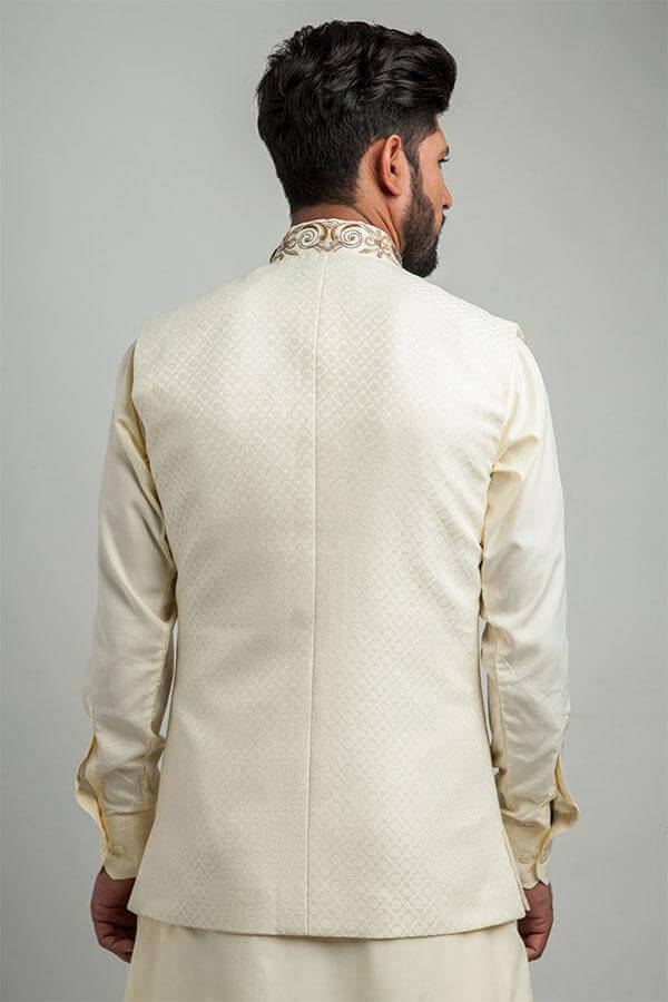 Ivory Brocade Embroidered Waistcoat For Men