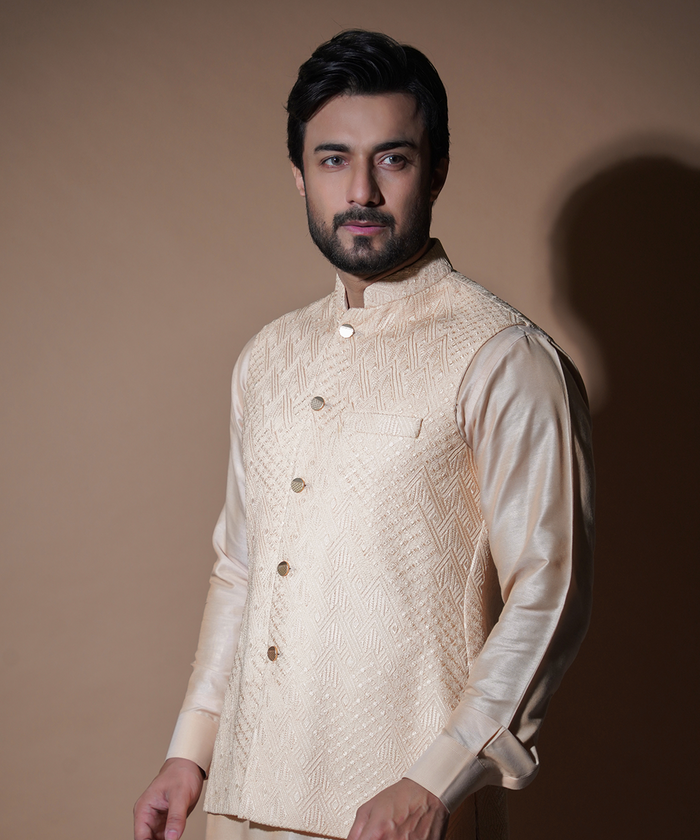 Pastel Peach symmetrical embroidered waistcoat set