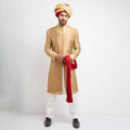 Peach Gold and Antique Gold Brocade Form-Fitted Sherwani with intricate detailing