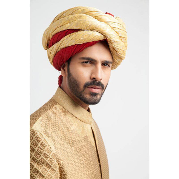 Peach Gold and Antique Gold Brocade Form-Fitted Sherwani with intricate detailing
