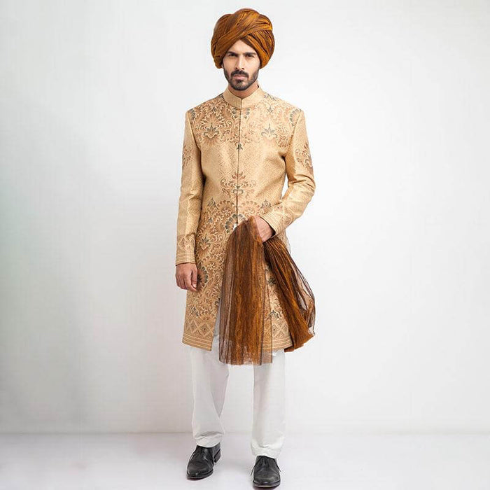 Elegant Peach Gold and Grey Brocade Sherwani with detailed embroidery
