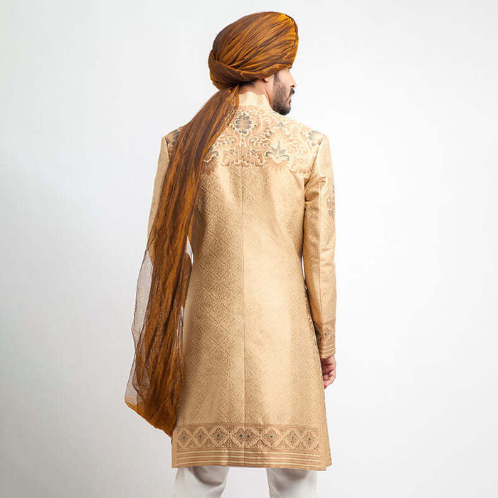 Peach Gold and Grey Brocade Sherwani for men with intricate embroidery