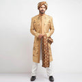 Peach Gold, Antique Gold, and Grey Brocade Form-Fitted Sherwani with Zardozi detailing