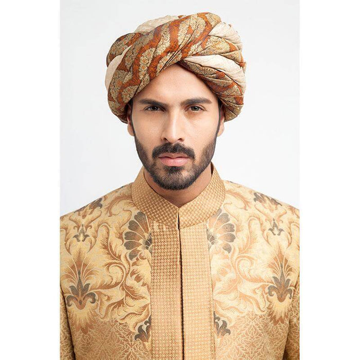 Peach Gold, Antique Gold, and Grey Brocade Form-Fitted Sherwani with Zardozi detailing