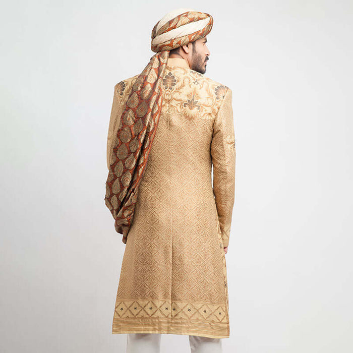Peach Gold, Antique Gold, and Grey Brocade Form-Fitted Sherwani with Zardozi detailing