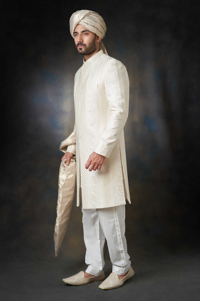 Pearl White Classic Sherwani with Sequins, Elegant Design for Weddings and Special Occasions.