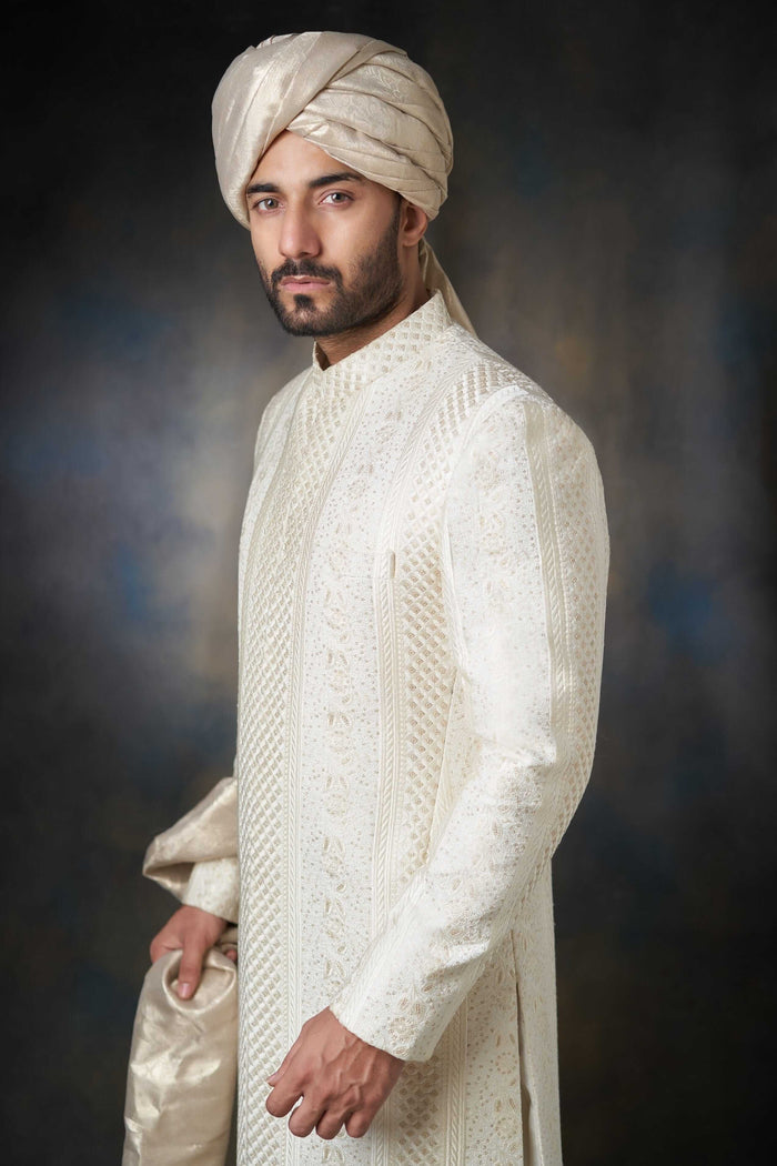 Pearl White Classic Sherwani with Sequins, Elegant Design for Weddings and Special Occasions.